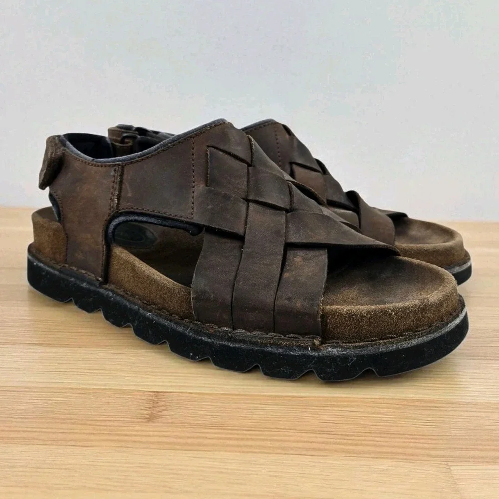 Rockport Mens 10 Crossband Brown Leather Sandals Fisherman MZ632 Open Toe Adjust